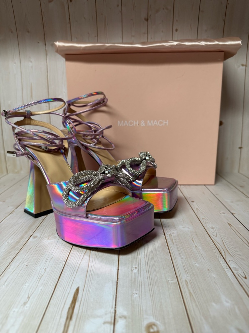 MACH & MACH Double Bow Platform Sandals Pink Iridescent Sz 39.5 / 9.5
